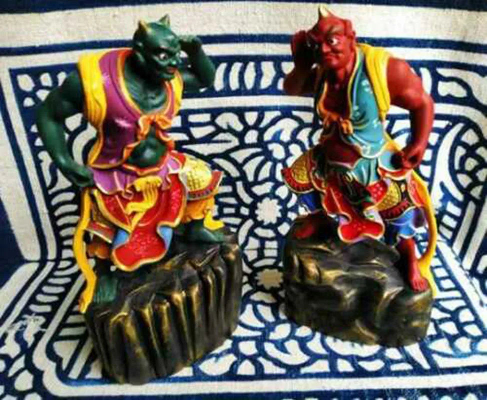QH056 - 17*8.5 CM Hand Carved Boxwood Figurine Carving : Pair of Hand Painted Guardian Men