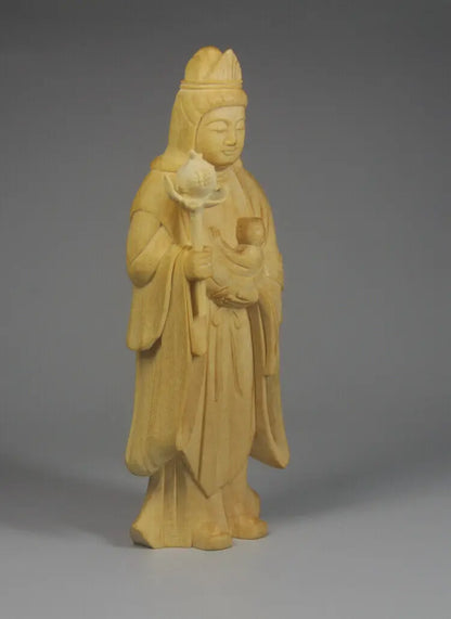QH071 --12.5X4X6 CM Long Hand Carved Cypress Wood Figurine Carving : Hariti