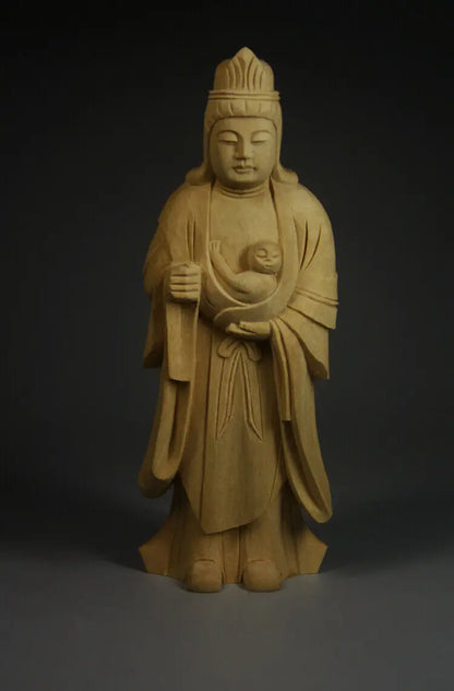 QH071 --12.5X4X6 CM Long Hand Carved Cypress Wood Figurine Carving : Hariti