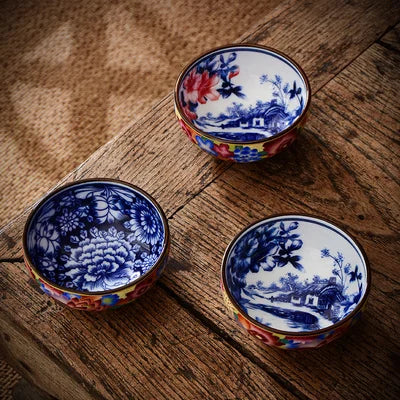 Qia Silk Antique Silk and Enamel Master Cups  Tea Cup Set Teaware Bowl For Tea Ceremony Mugs Blue and White Porcelain