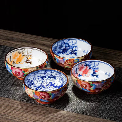 Qia Silk Antique Silk and Enamel Master Cups  Tea Cup Set Teaware Bowl For Tea Ceremony Mugs Blue and White Porcelain