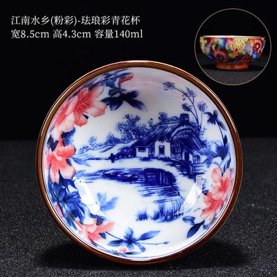 Qia Silk Antique Silk and Enamel Master Cups  Tea Cup Set Teaware Bowl For Tea Ceremony Mugs Blue and White Porcelain