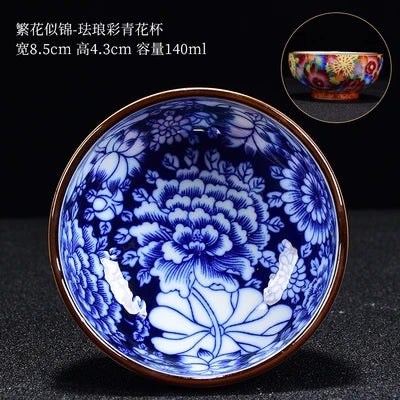 Qia Silk Antique Silk and Enamel Master Cups  Tea Cup Set Teaware Bowl For Tea Ceremony Mugs Blue and White Porcelain