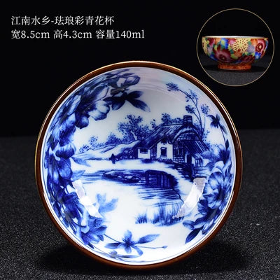 Qia Silk Antique Silk and Enamel Master Cups  Tea Cup Set Teaware Bowl For Tea Ceremony Mugs Blue and White Porcelain