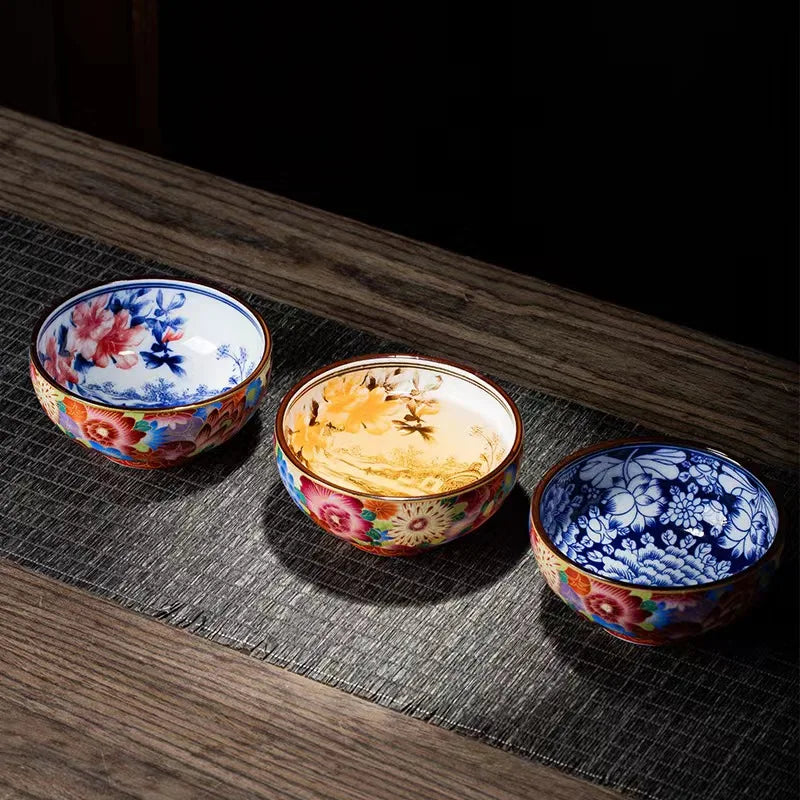 Qia Silk Antique Silk and Enamel Master Cups  Tea Cup Set Teaware Bowl For Tea Ceremony Mugs Blue and White Porcelain