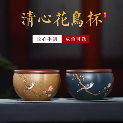 Qingxin Flower and Bird Cup Yixing Yixing Clay Master Cup Handmade Boccaro Cup Clay Painting Powder Pulp High-Grade Tea Cup Manu