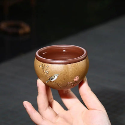 Qingxin Flower and Bird Cup Yixing Yixing Clay Master Cup Handmade Boccaro Cup Clay Painting Powder Pulp High-Grade Tea Cup Manu