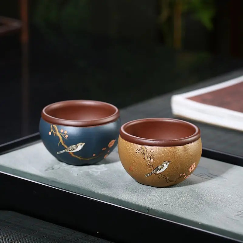 Qingxin Flower and Bird Cup Yixing Yixing Clay Master Cup Handmade Boccaro Cup Clay Painting Powder Pulp High-Grade Tea Cup Manu
