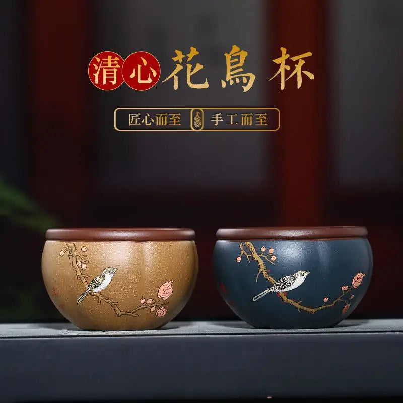 Qingxin Flower and Bird Cup Yixing Yixing Clay Master Cup Handmade Boccaro Cup Clay Painting Powder Pulp High-Grade Tea Cup Manu