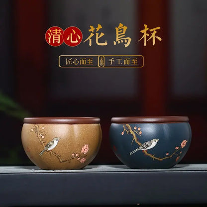 Qingxin Flower and Bird Cup Yixing Yixing Clay Master Cup Handmade Boccaro Cup Clay Painting Powder Pulp High-Grade Tea Cup Manu
