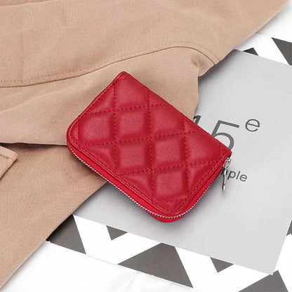 Quilting Embroidered Credit Holder Small Leather Zipper Case Wallet for Women Fashion Brand bag with 9 Card Slots