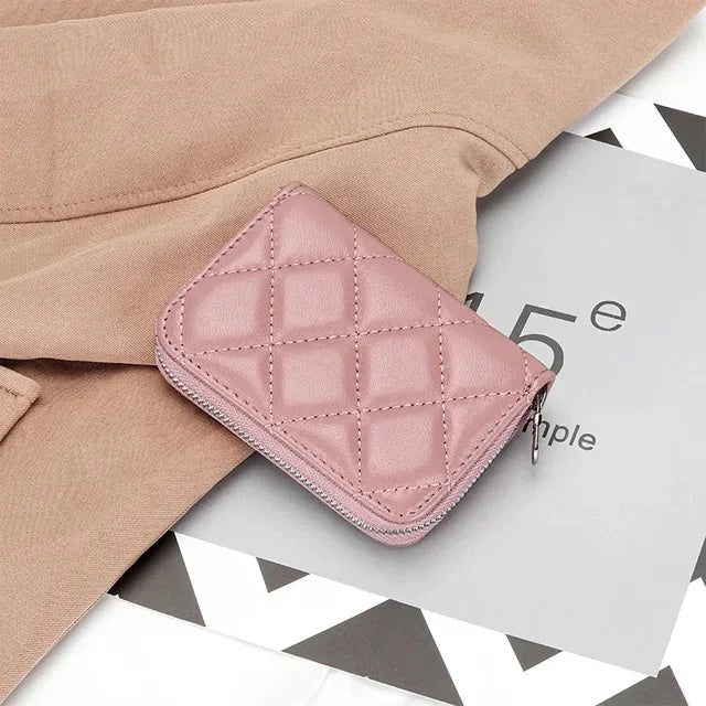 Quilting Embroidered Credit Holder Small Leather Zipper Case Wallet for Women Fashion Brand bag with 9 Card Slots