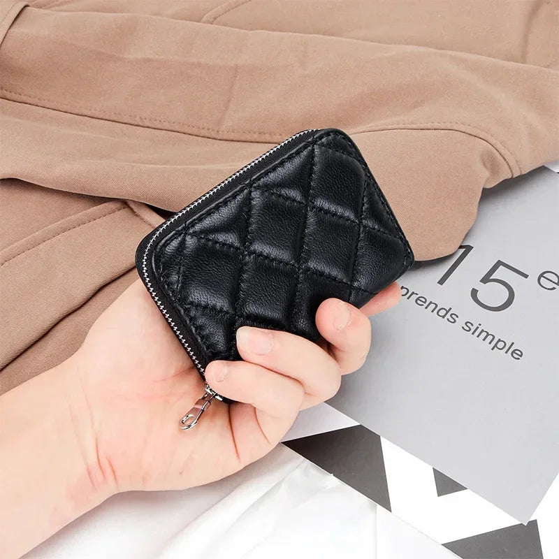 Quilting Embroidered Credit Holder Small Leather Zipper Case Wallet for Women Fashion Brand bag with 9 Card Slots