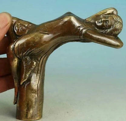 RARE CHINA BRONZE STATUE BELLE CANE WALKING STICK HEAD HANDLE OLD ACCESSORIE