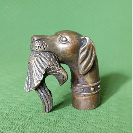 RARE VICTORIAN OLD BRONZE HAND CARVED DOG BITE BIRD STATUE WALKING STICK HEAD