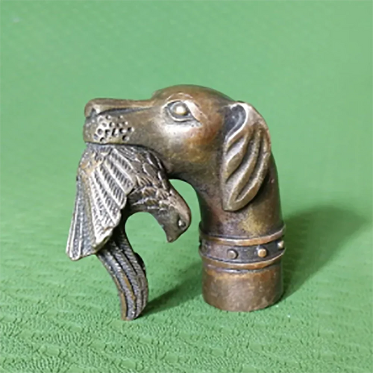 RARE VICTORIAN OLD BRONZE HAND CARVED DOG BITE BIRD STATUE WALKING STICK HEAD