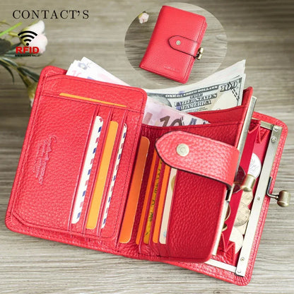 RFID Blocking Genuine Leather Women's Wallet Anti-Theft Chip, Fashionable Large Capacity Coin Purse with Multiple Compartme