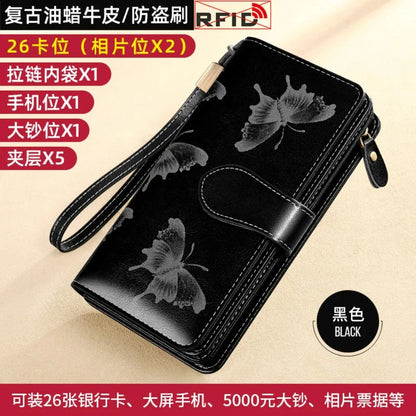 RFID Women's Long Zippered Leather Wallet Large Capacity Handbag