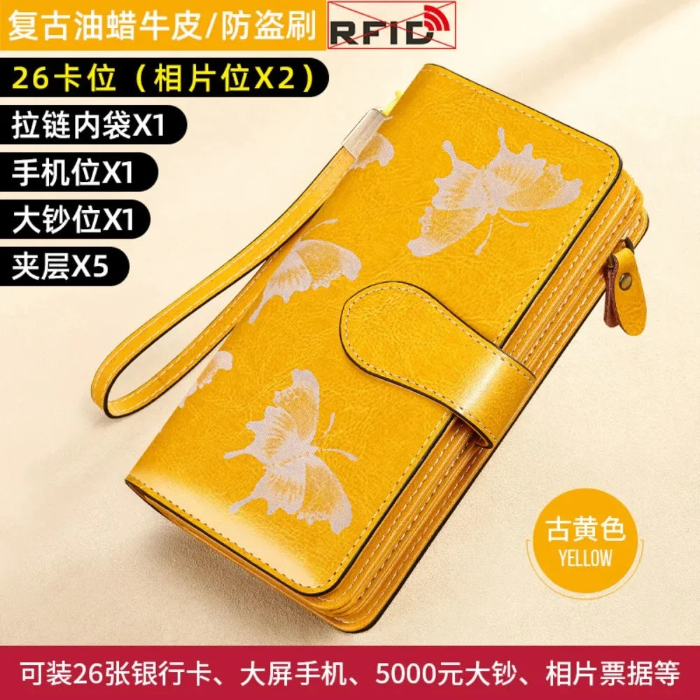 RFID Women's Long Zippered Leather Wallet Large Capacity Handbag
