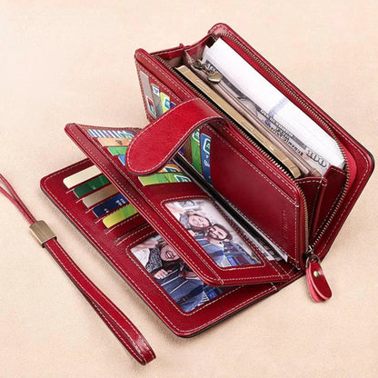 RFID Women's Long Zippered Leather Wallet Large Capacity Handbag