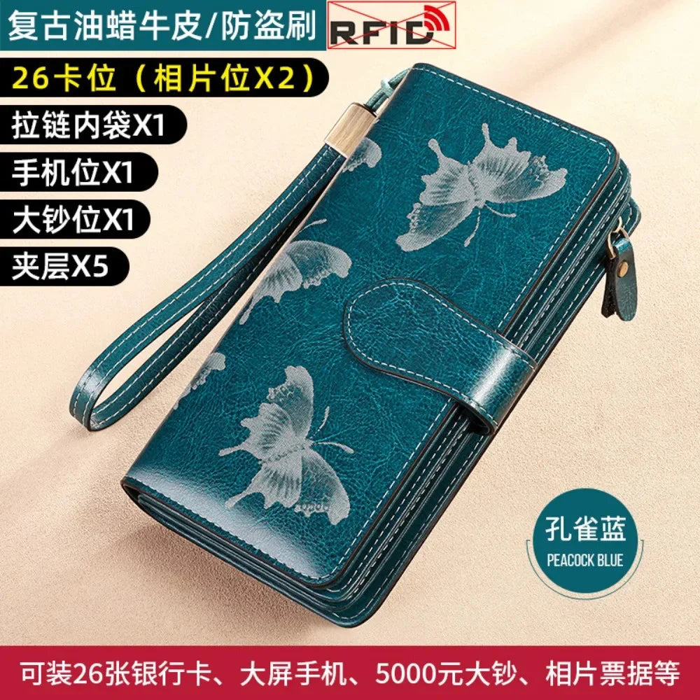 RFID Women's Long Zippered Leather Wallet Large Capacity Handbag