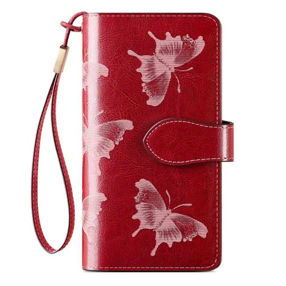 RFID Women's Long Zippered Leather Wallet Large Capacity Handbag