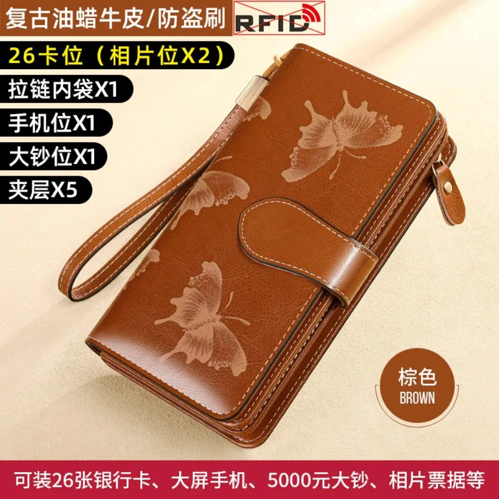 RFID Women's Long Zippered Leather Wallet Large Capacity Handbag