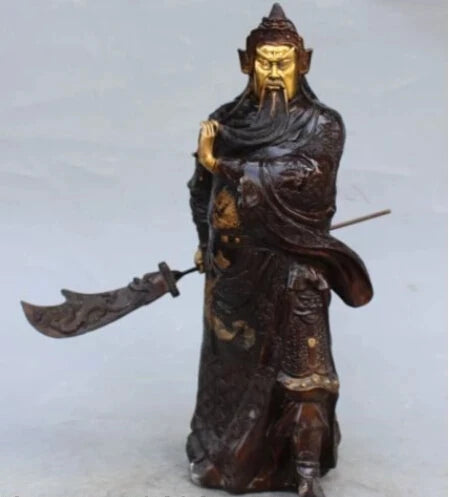 RHS0030 16"Chinese Bronze Gilt Stand Dragon Guan Guan Yu Warrior God knight Sword Statue
