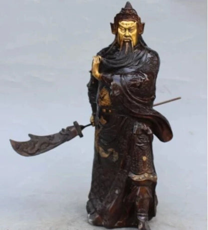 RHS0030 16"Chinese Bronze Gilt Stand Dragon Guan Guan Yu Warrior God knight Sword Statue