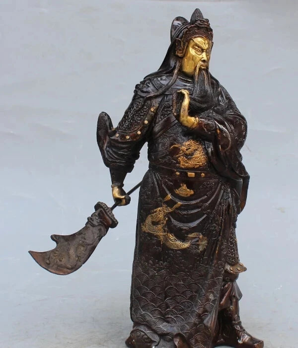 RHS0030 16"Chinese Bronze Gilt Stand Dragon Guan Guan Yu Warrior God knight Sword Statue