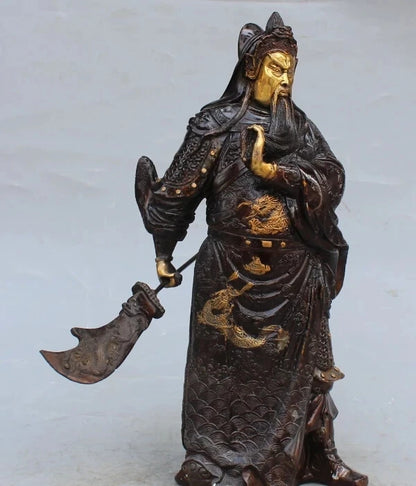 RHS0030 16"Chinese Bronze Gilt Stand Dragon Guan Guan Yu Warrior God knight Sword Statue
