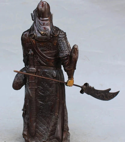 RHS0030 16"Chinese Bronze Gilt Stand Dragon Guan Guan Yu Warrior God knight Sword Statue