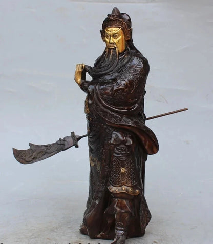 RHS0030 16"Chinese Bronze Gilt Stand Dragon Guan Guan Yu Warrior God knight Sword Statue