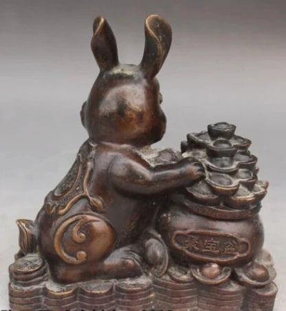 RHS0034 7"Chinese Fengshui Bronze Wealth Yuanbao Treasure Bowl Zodiac Year Rabbit Statue