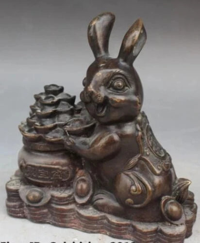RHS0034 7"Chinese Fengshui Bronze Wealth Yuanbao Treasure Bowl Zodiac Year Rabbit Statue
