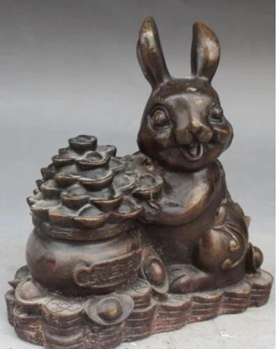 RHS0034 7"Chinese Fengshui Bronze Wealth Yuanbao Treasure Bowl Zodiac Year Rabbit Statue