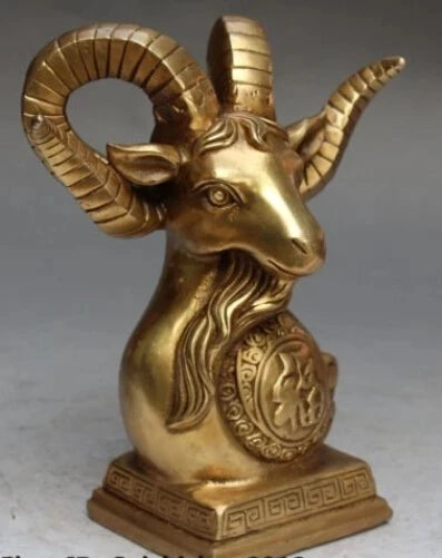 RHS0044 8" Marked Chinese Bronze Fengshui Animal Zodiac Year Sheep Head Bust Statue