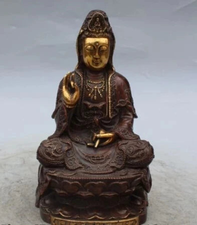 RHS0058 8" Marked China Buddhism Bronze Gilt Seat Lotus Kwan-yin Guan Yin Goddess Statue