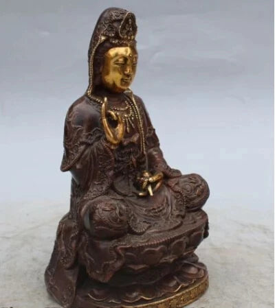 RHS0058 8" Marked China Buddhism Bronze Gilt Seat Lotus Kwan-yin Guan Yin Goddess Statue