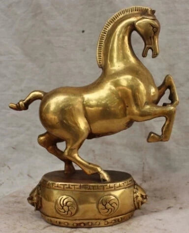 RHS0059 9" China Chinese Bronze Carved Animal Sucessful Running Horse Lion Base Statue