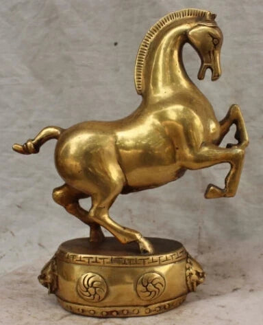 RHS0059 9" China Chinese Bronze Carved Animal Sucessful Running Horse Lion Base Statue