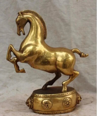 RHS0059 9" China Chinese Bronze Carved Animal Sucessful Running Horse Lion Base Statue