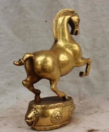 RHS0059 9" China Chinese Bronze Carved Animal Sucessful Running Horse Lion Base Statue
