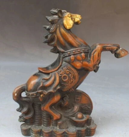 RHS0064 9" Chinese Bronze Gilt Animal Wealth Money Yuan Bao Zodiac Year Horse Statue