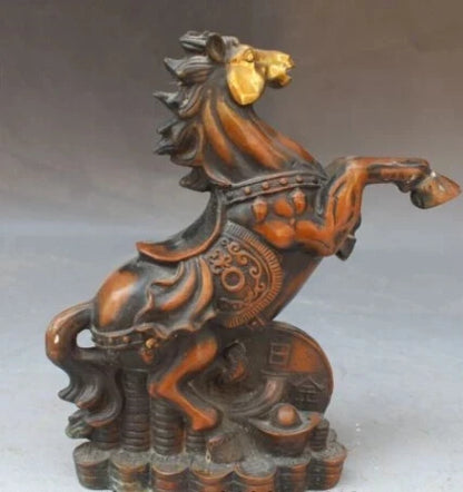 RHS0064 9" Chinese Bronze Gilt Animal Wealth Money Yuan Bao Zodiac Year Horse Statue