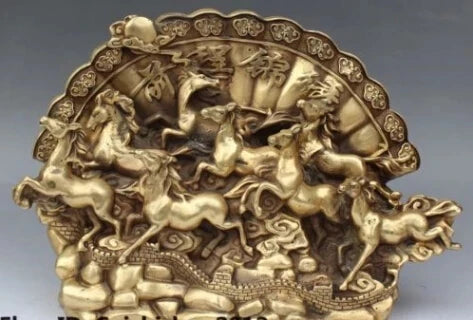 RHS0082 12" Chinese Fengshui Bronze Auspicious Great Wall 8 Horse folding screen Statue