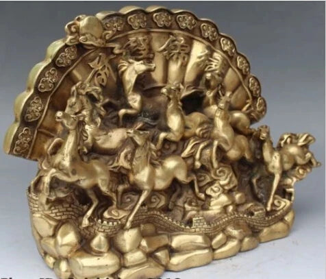 RHS0082 12" Chinese Fengshui Bronze Auspicious Great Wall 8 Horse folding screen Statue