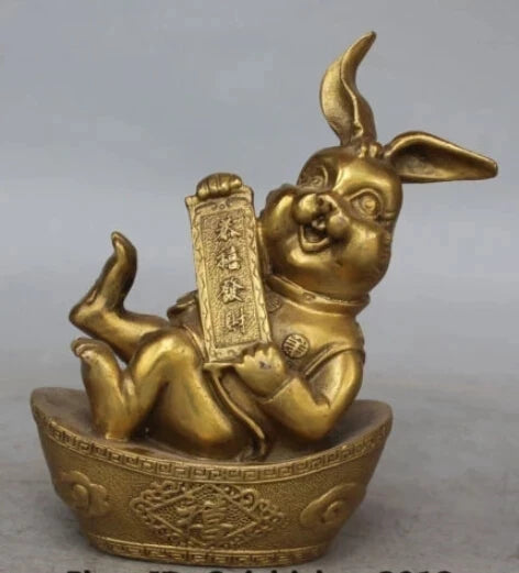 RHS0096 18CM Chinese Bronze Carving FengShui Wealth YuanBao Animal Zodiac Rabbit Statue