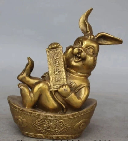 RHS0096 18CM Chinese Bronze Carving FengShui Wealth YuanBao Animal Zodiac Rabbit Statue