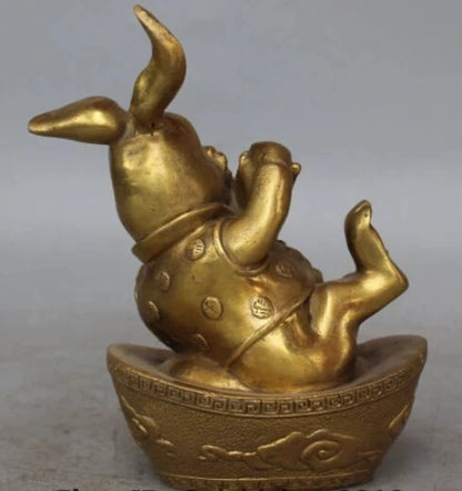 RHS0096 18CM Chinese Bronze Carving FengShui Wealth YuanBao Animal Zodiac Rabbit Statue